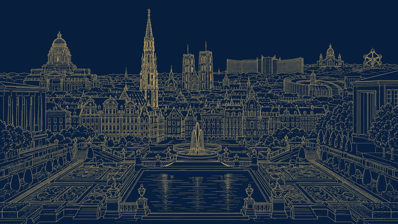 Gouden lijnillustratie van de Grote Markt in Brussel, met sierlijke gildehuizen, de toren van het stadhuis en een straatlantaarn, ter representatie van België