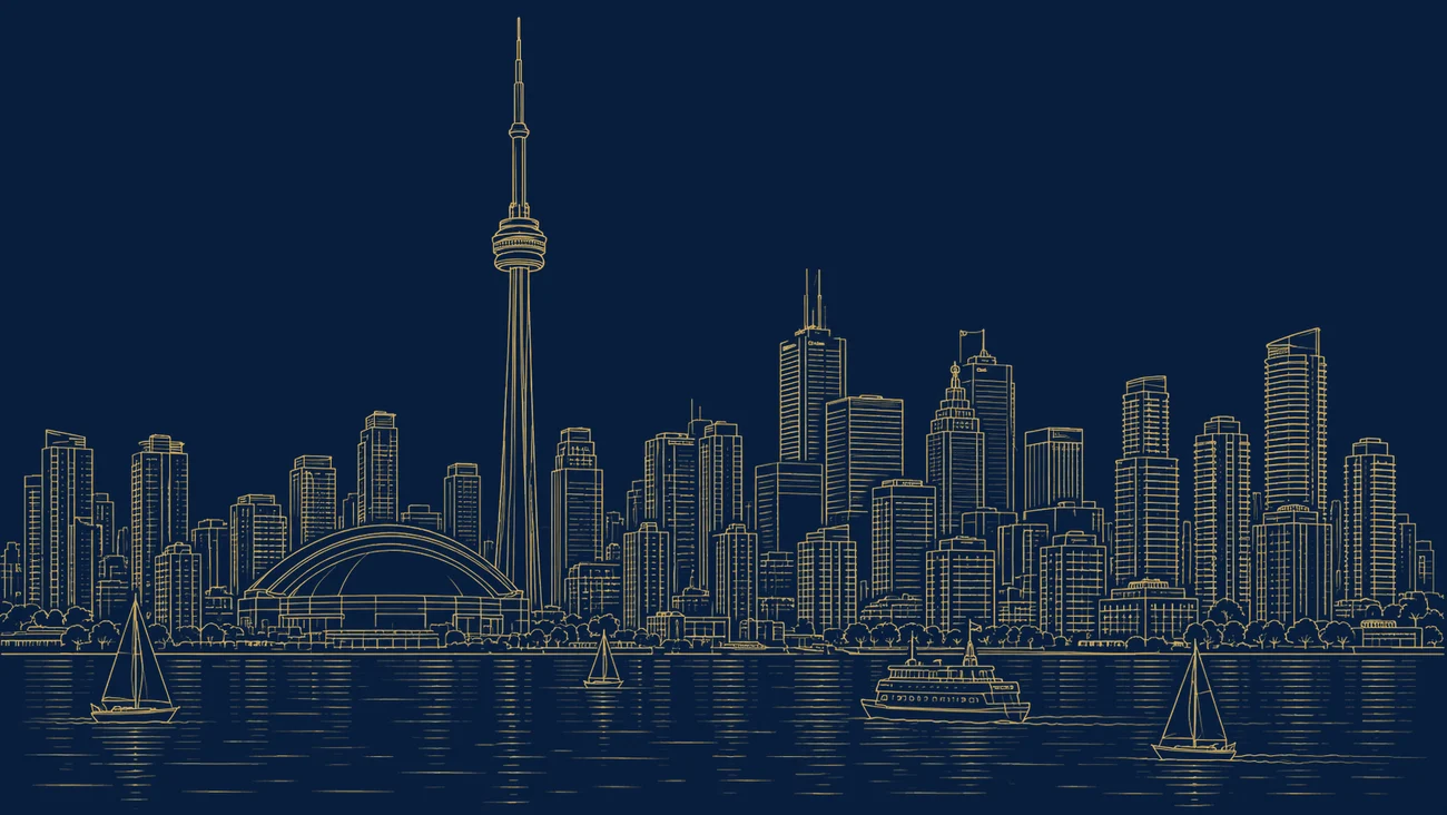Illustration en ligne dorée de la silhouette de Toronto avec la Tour CN et les tours du quartier financier du centre-ville, représentant le Canada