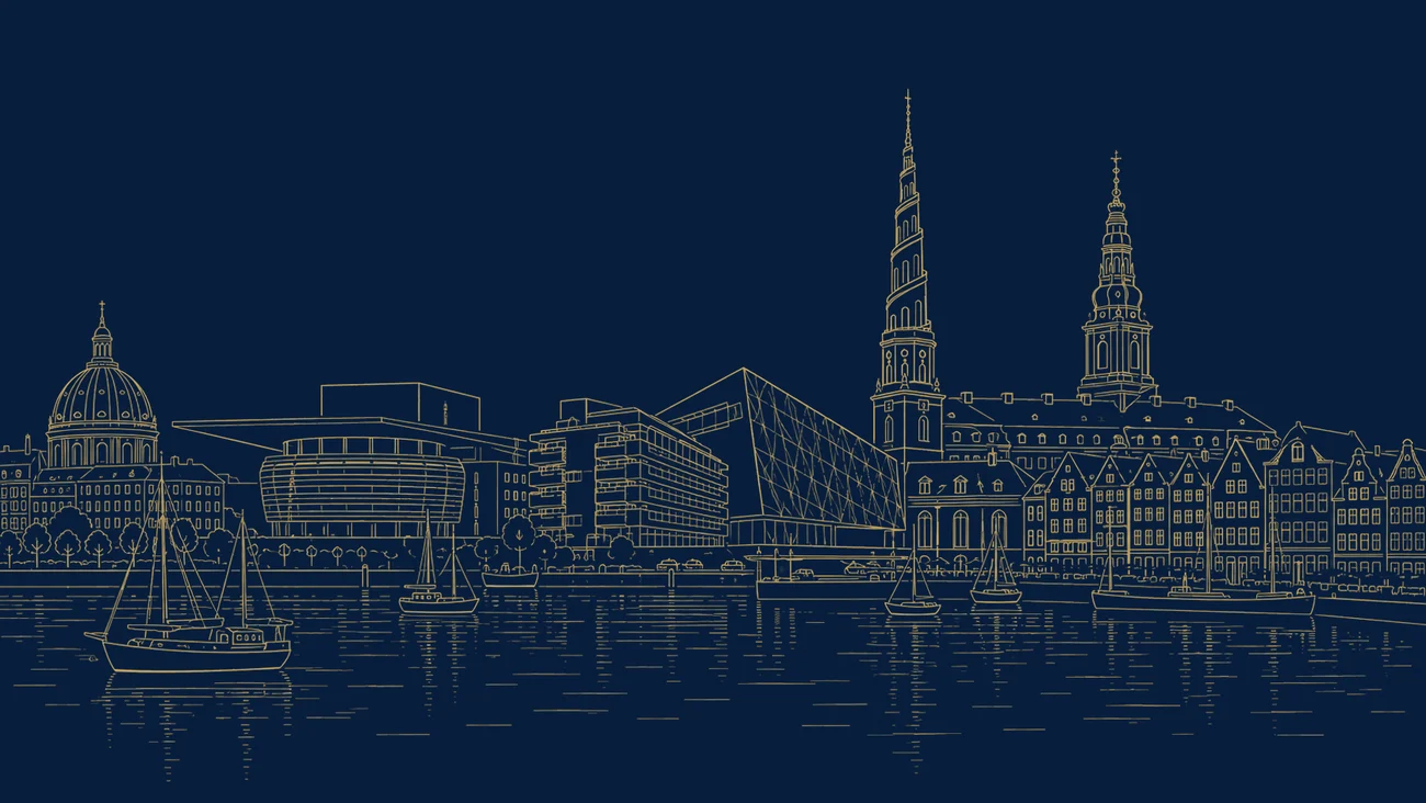 Gold line illustration of a Nyhavn-style canal waterfront with gabled townhouses, wooden sailing boats and a wind turbine representing Denmark