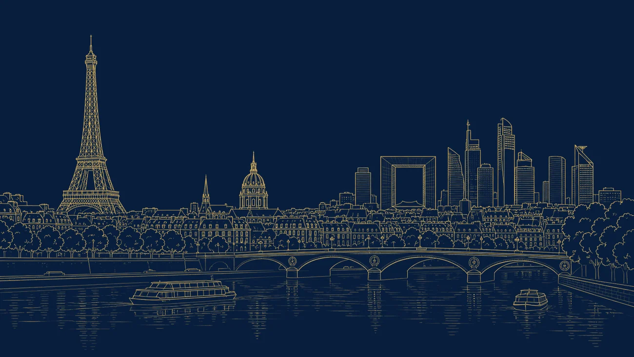 Gold line illustration of Haussmann-style Parisian architecture, the La Défense skyline and Grande Arche, and a high-speed train, representing France