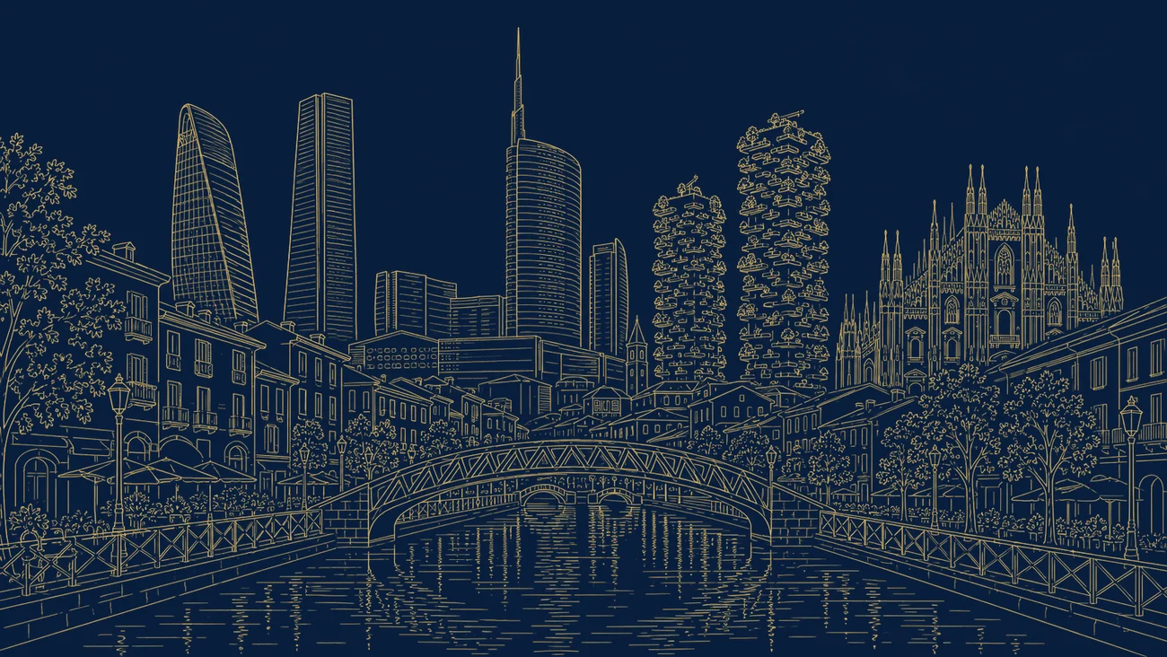 Illustrazione a linee dorate del Duomo e della Galleria di Milano, di uno skyline moderno e di macchinari di precisione, a rappresentare l’Italia