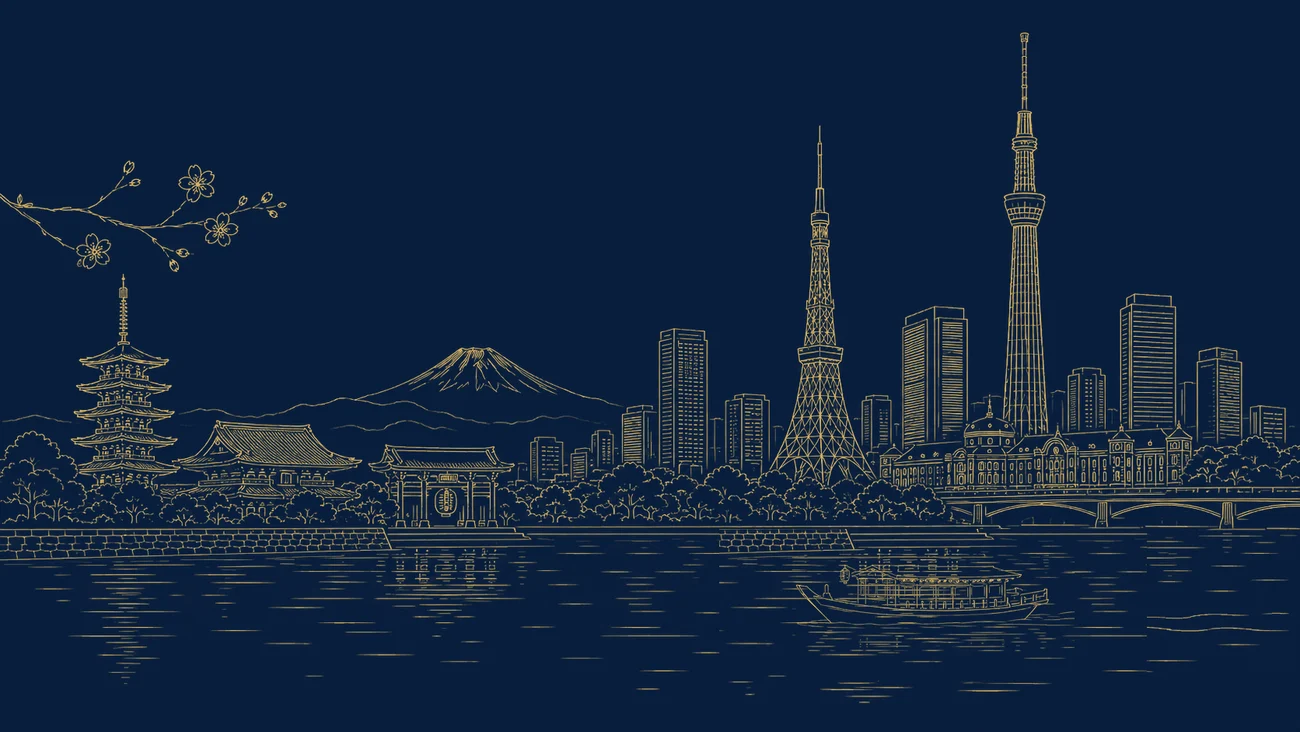 Gold line illustration of the Tokyo skyline with Tokyo Skytree and Tokyo Tower, a high-speed rail line and precision-technology elements, representing Japan