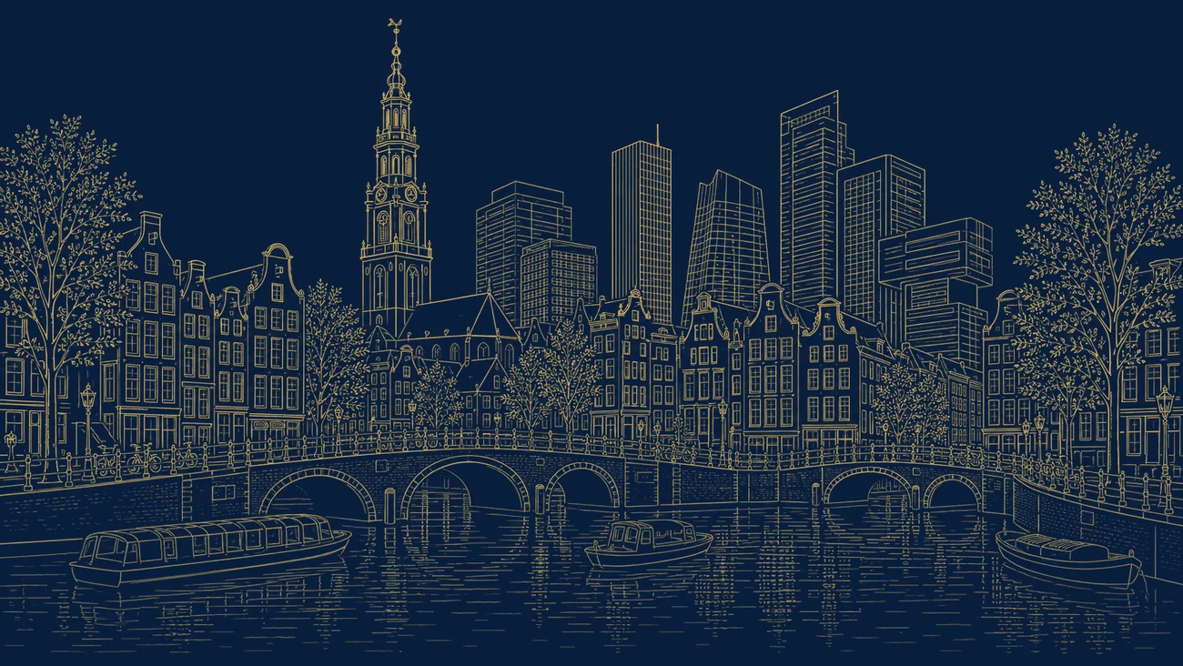 Gold line illustration of an Amsterdam canal with an arched bridge, a bicycle, gabled houses and a windmill representing the Netherlands