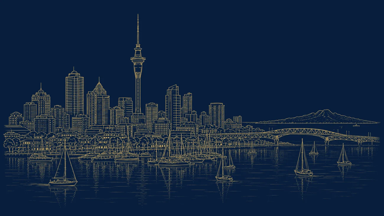 Gold line illustration of the Auckland skyline with the Sky Tower, a working port and cultivated coastline, representing New Zealand