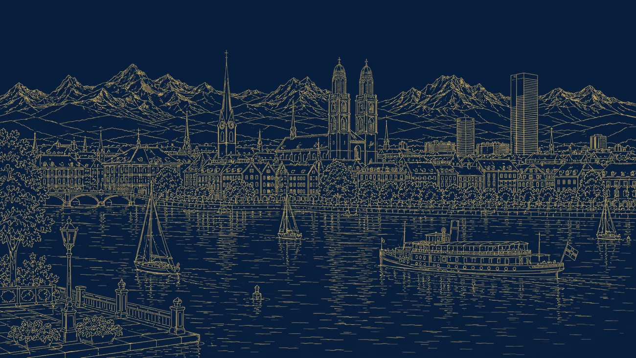 Gold line illustration of the Zurich financial district skyline and lakefront, representing Switzerland